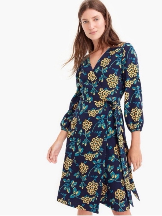 J. Crew Dresses & Skirts - J. Crew 6 Golden Floral Wrap Dress in 365 Crepe Navy Blue Yellow